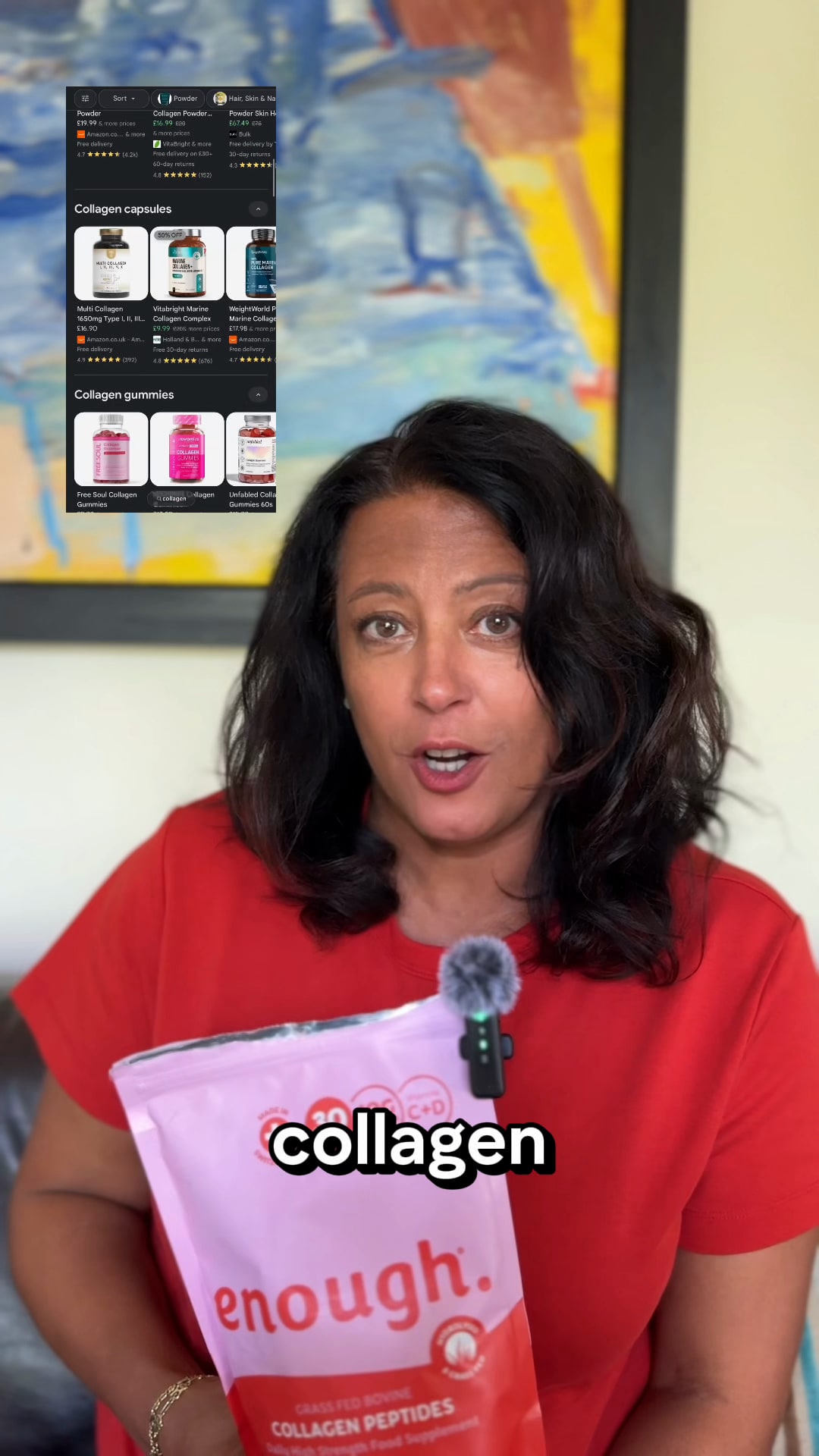 A woman in a red top holds a pink Enough collagen pouch and talks to camera with a clip-on mic, a “collagen” caption across the frame